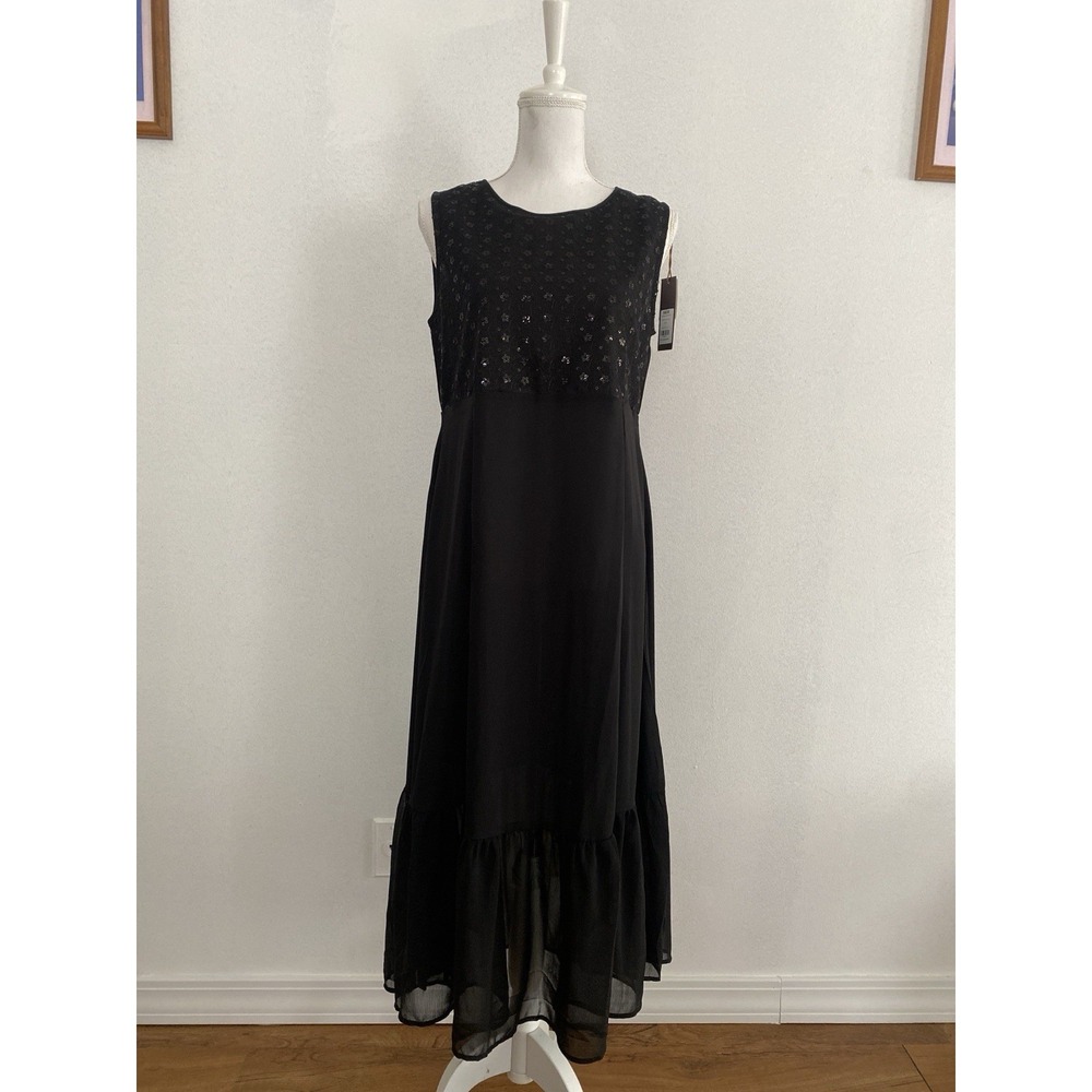 Sailor Silk Blend Sequin Maxi Dress Women's Med Black Event Party Sheer Witchy